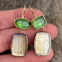 Apple Green Tourmaline and Montana Agate Earrings with Antique Chinese Mother of Pearl Gaming Token
